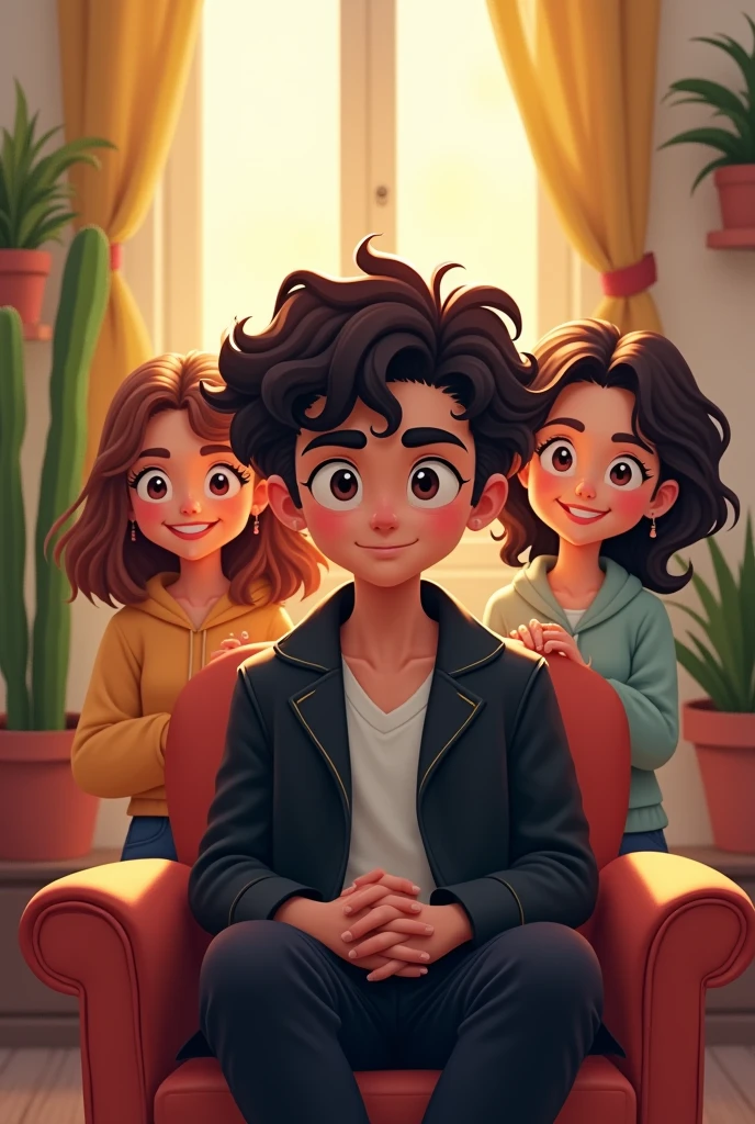 Cartoon smart boy stylish , sitting on the chair, wearing black jacket, black pants, curly hair, indoors, soft lighting, plants in background, window with sunlight, cozy room . 3 three beautiful girls standing behind with smiling face