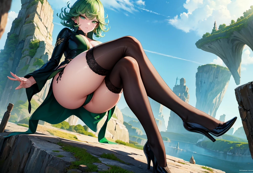 (high res, 8K, masterpiece, looking at viewer, best quality, very aesthetic, ultra detailed, ultra background, ultra Eyes) intricate details, 1girl, Tatsumaki, wearing a fitted V-neck black dress with a high collar, long trumpet sleeves, four high-cut leg slits with pointed toes that showed off her beautiful long legs, black low heels, green short hair, green eyes, Angry Face, Floating in the air, stone rocks float, Background City, Cinematic Angle