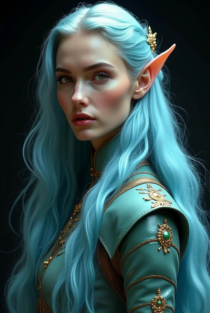GISELE BUNDCHEN AS A GORGEOUS ELVE WARRIOR , WARRIOR WOMAN, BUST IMAGE STYLE, STUDIO IMAGE STYLE, BLACK INFINITE BACKGROUND, DIFFUSED LIGHTS ON FACE, BACK LIGHTS ON HAIR, LUMINOUS PINK BLUE HAIR, CLOSE FACE SHOT, HUGE LONG HAIR, HUGE STRAIGHT LONG HAIR, BRAID HAIR STYLE, PLATINUM EYEBROWS, LIGHTNING GREEN EYES, VERY PALE SKIN, LUMINOUS SKIN, FEMALE FAIRY, TOLKIEN MITHOLOGY, EXPOSED LONG TIP EARS, HIGH CHEEKBONES, ROSY CHEEKS, GORGEOUS LIPS, SOFT LIPSTICK, GORGEOUS CURVY BODY, SOFT MUSCLES, VOLUMOUS BREASTS, BLUE GREEN ARMOUR, FULL BODY ARMOUR, FLAT BOOTS, NECK CLEAVAGE, LONG BRACELETS, GOLD DETAILS, GOLDEN HEADBAND , ENIGMATIC FACE EXPRESSION, FRONT FACE VIEW, EYES LOOKING UP, TOLKIEN MITHOLOGY, HIGH QUALITY IMAGE, MASTERPIECE, 8K