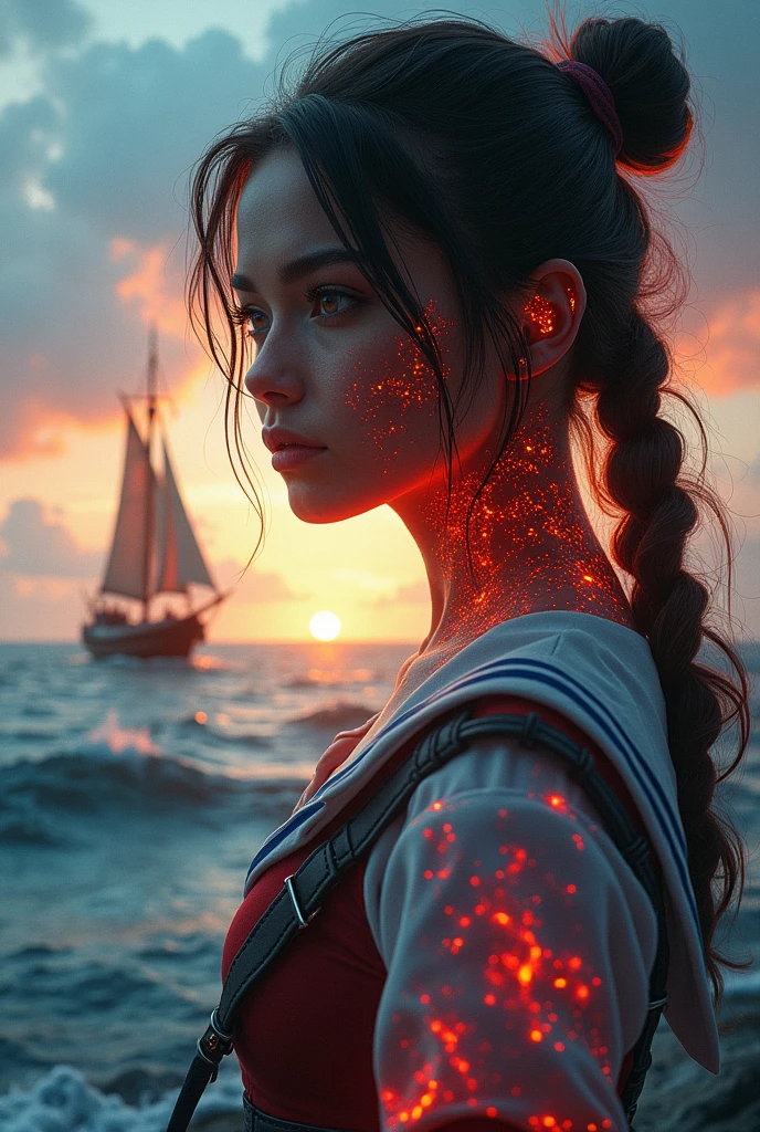 Let's draw it: Cinematic over-detailed shot with elements of scarlet silver smoky linework tattoo designs patterns in double exposure: a close-up Over-detailed image of the Compass Rose and brave Girl is a sailor and a fantasy landscape with Stormy blue sea at sunset with a sailboat. Sunset. Deep evening colors. Hyperrealistic concept art 16K. Double exposure. Epic cinematic stunning detailed dramatic atmospheric digital matte painting