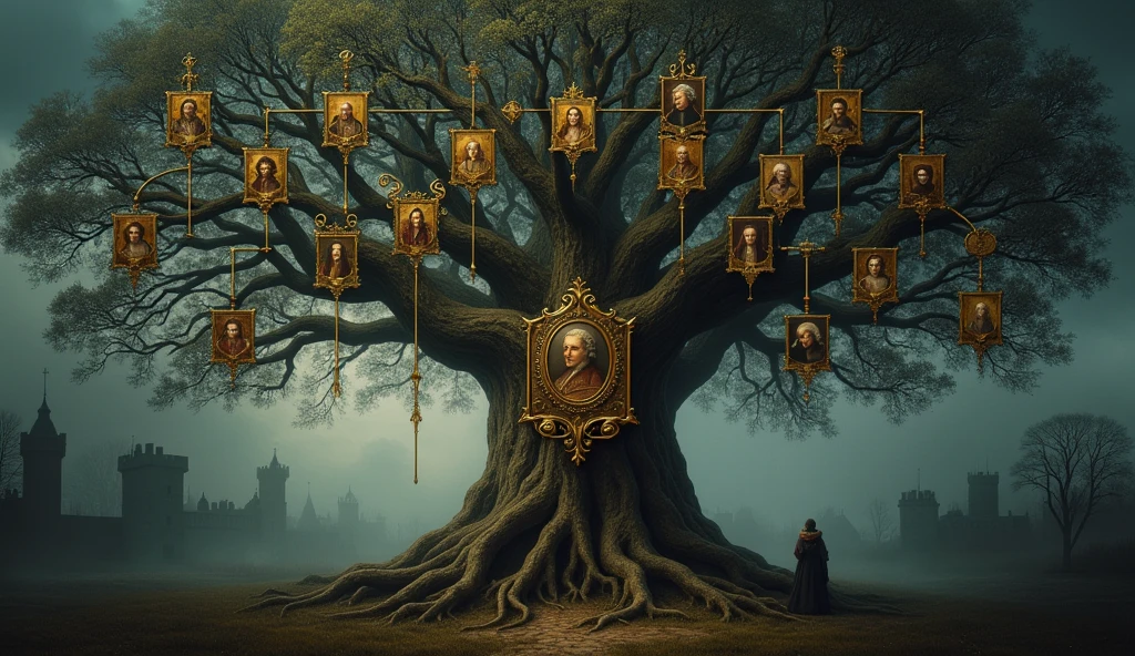 A cinematic and richly detailed family tree illustrating the complex lineage connecting Edward III of England to Philip IV of France, highlighting Edward’s claim to the French throne. The tree is depicted as a grand, ancient oak, its gnarled branches twisting through a dark, misty atmosphere, reflecting the tangled and disputed nature of the succession. Each branch bears a gilded shield with the names and portraits of key ancestors, rendered in a style reminiscent of medieval illuminated manuscripts. At the base of the tree, Philip IV is prominently displayed, with his lineage spreading upwards and branching out to include Edward III, whose portrait is positioned at a focal point on a higher branch, underscored by the claim to the French crown. The background is shadowed and mysterious, with faint outlines of castles and battlegrounds, suggesting the looming conflicts over this contested lineage. The entire scene is bathed in the soft, moody light characteristic of Edmund Blair Leighto, Surrealism, Hyperrealism, UHD, retina, masterpiece, accurate, anatomically correct, textured skin, super detail, 16k