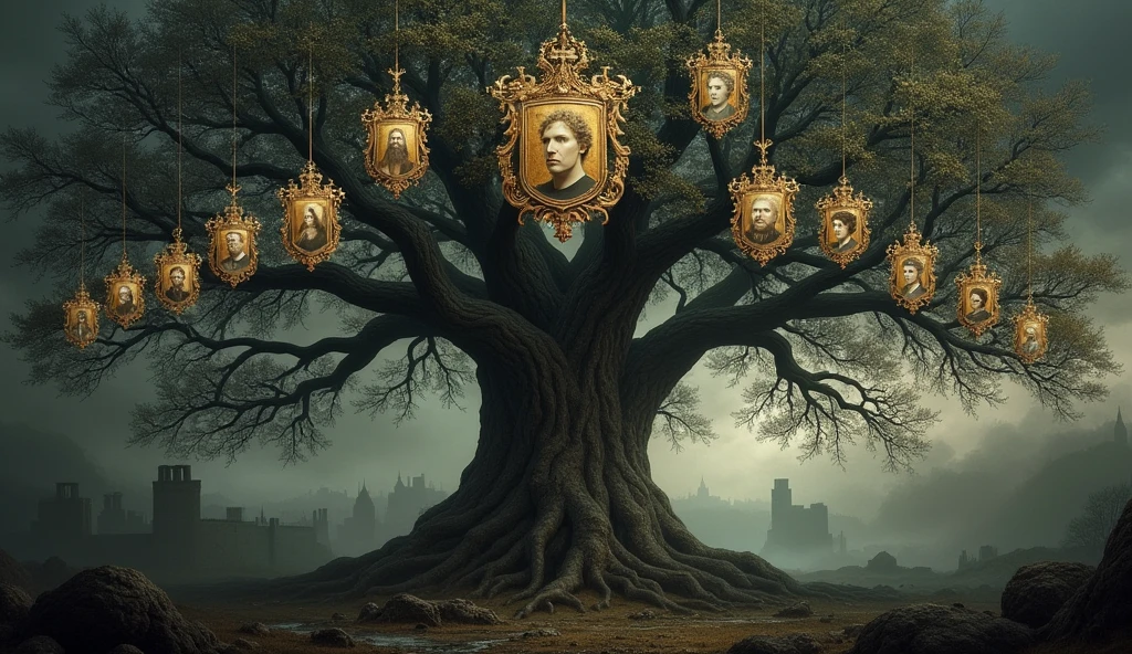 A cinematic and richly detailed family tree illustrating the complex lineage connecting Edward III of England to Philip IV of France, highlighting Edward’s claim to the French throne. The tree is depicted as a grand, ancient oak, its gnarled branches twisting through a dark, misty atmosphere, reflecting the tangled and disputed nature of the succession. Each branch bears a gilded shield with the names and portraits of key ancestors, rendered in a style reminiscent of medieval illuminated manuscripts. At the base of the tree, Philip IV is prominently displayed, with his lineage spreading upwards and branching out to include Edward III, whose portrait is positioned at a focal point on a higher branch, underscored by the claim to the French crown. The background is shadowed and mysterious, with faint outlines of castles and battlegrounds, suggesting the looming conflicts over this contested lineage. The entire scene is bathed in the soft, moody light characteristic of Edmund Blair Leighto, Surrealism, Hyperrealism, UHD, retina, masterpiece, accurate, anatomically correct, textured skin, super detail, 16k