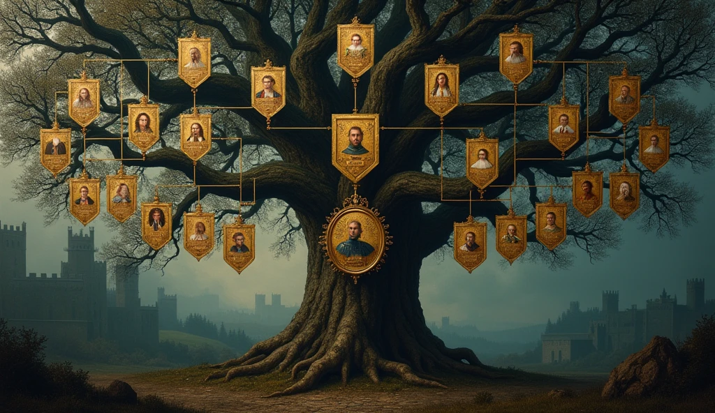A cinematic and richly detailed family tree illustrating the complex lineage connecting Edward III of England to Philip IV of France, highlighting Edward’s claim to the French throne. The tree is depicted as a grand, ancient oak, its gnarled branches twisting through a dark, misty atmosphere, reflecting the tangled and disputed nature of the succession. Each branch bears a gilded shield with the names and portraits of key ancestors, rendered in a style reminiscent of medieval illuminated manuscripts. At the base of the tree, Philip IV is prominently displayed, with his lineage spreading upwards and branching out to include Edward III, whose portrait is positioned at a focal point on a higher branch, underscored by the claim to the French crown. The background is shadowed and mysterious, with faint outlines of castles and battlegrounds, suggesting the looming conflicts over this contested lineage. The entire scene is bathed in the soft, moody light characteristic of Edmund Blair Leighto, Surrealism, Hyperrealism, UHD, retina, masterpiece, accurate, anatomically correct, textured skin, super detail, 16k