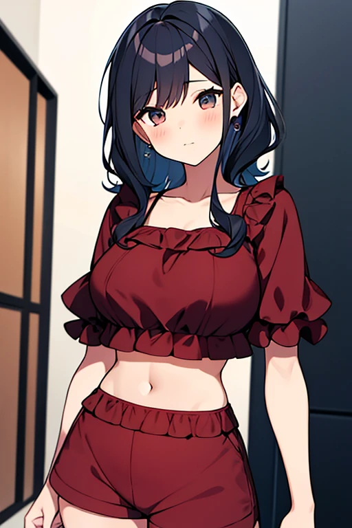 Girl with curly navy blue hair ,brown cropped top and red shorts with ruffles
