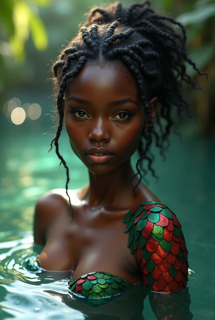 African woman, light skin. mermaid queen. Red and green scales. Mesmerizing. Enchanting. Head above water. Ultra high quality.