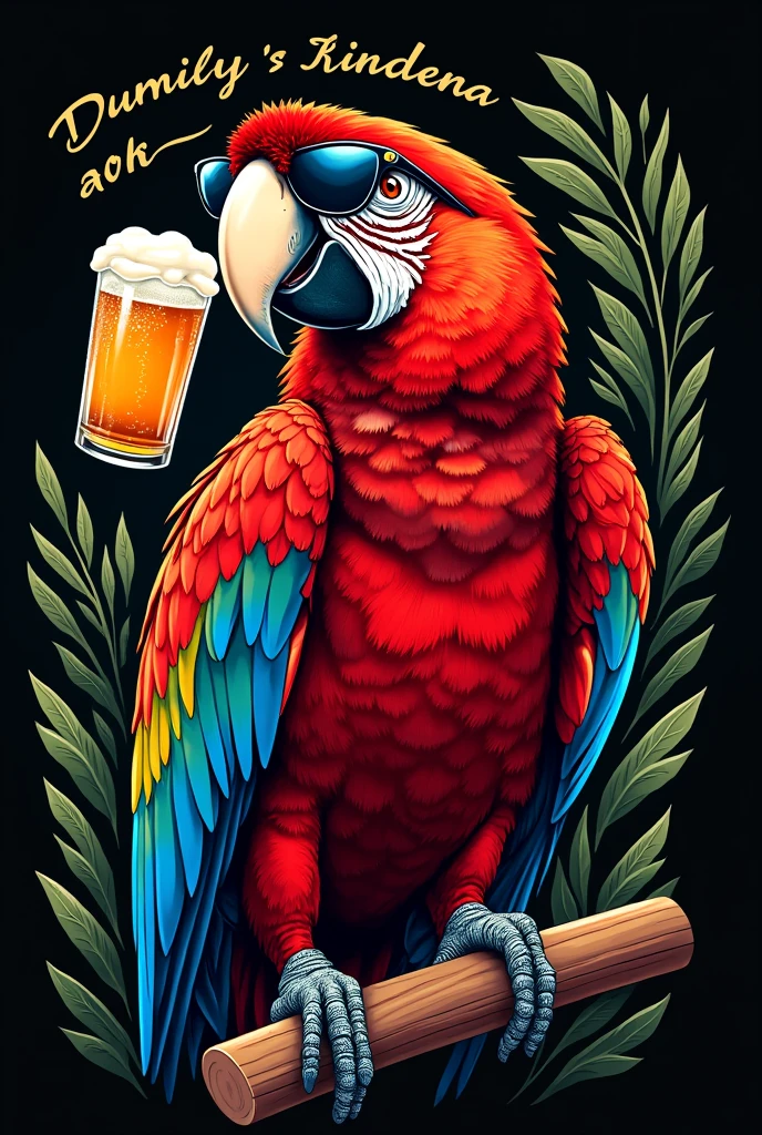 Make a T-shirt print, with Brazilian toucan wearing sunglasses on the beach, excited, with beer, with phrases in the background, with black background