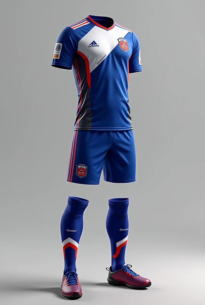 Football uniform design for the Venaditos B team.r.m. with colors: mostly blue and white with red and black highlights a futuristic design