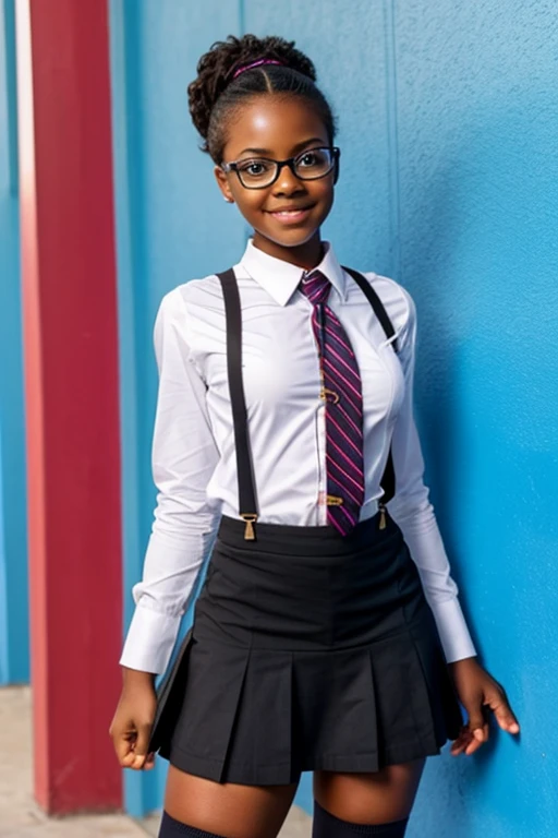 young cute black girl in school uniform, very short skirt, stockings and suspenders, full length body picture, glasses 