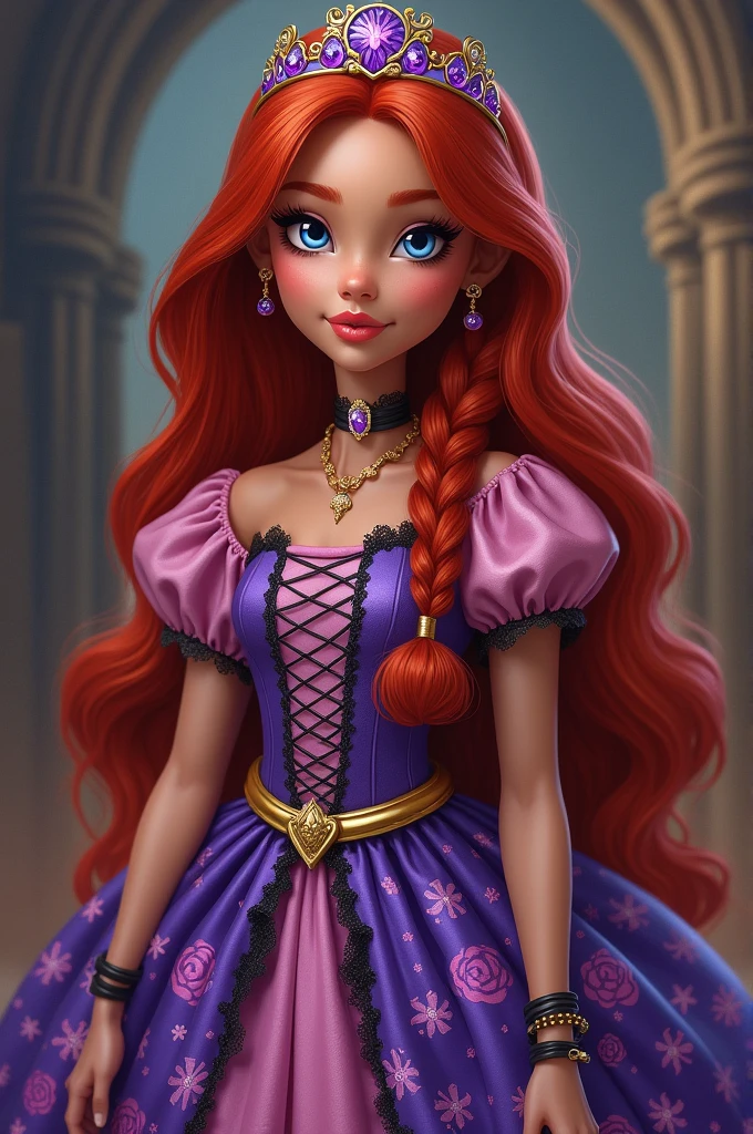 Imagem da filha da Darling Charming e da Holly O'Hair de Ever After High: Long, floor-length red hair with a side braid and light blue highlights, navy blue eyes, skin tanned, lilac dress top with pink sleeves with black strings, purple at the bottom with flowers, a golden belt around the waist, golden accessories, a purple tiara crown, black lace tights and gold heeled shoes