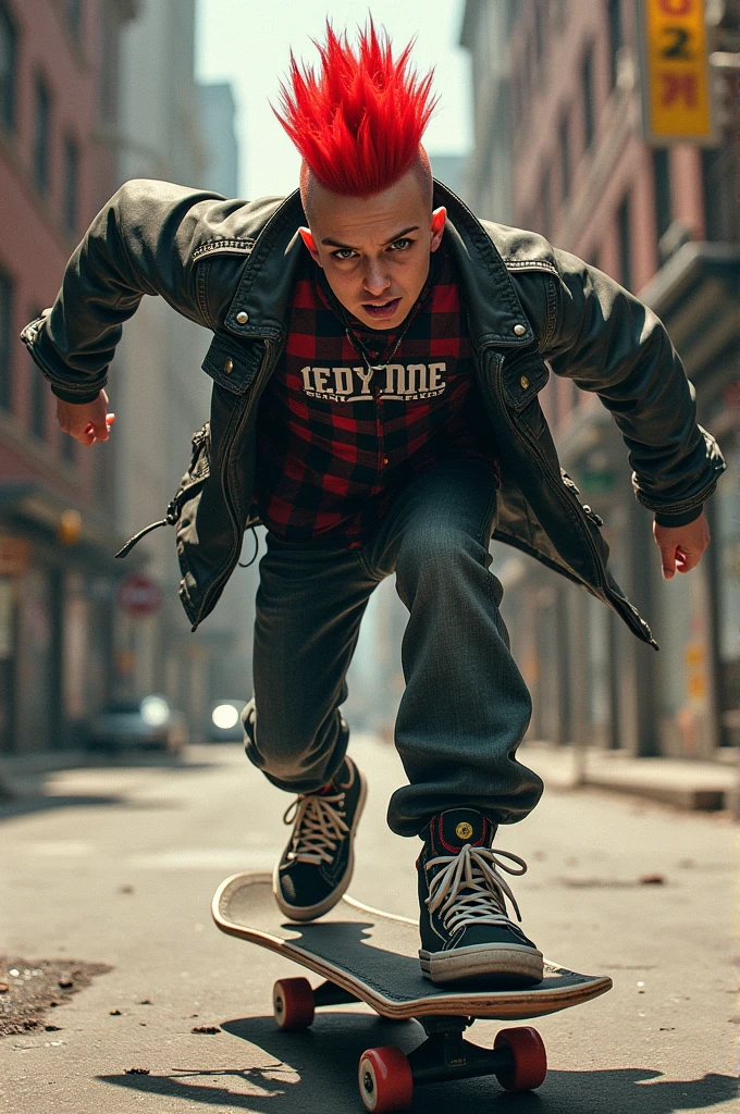Punk skateboarding with red mohawk and upturned jacket