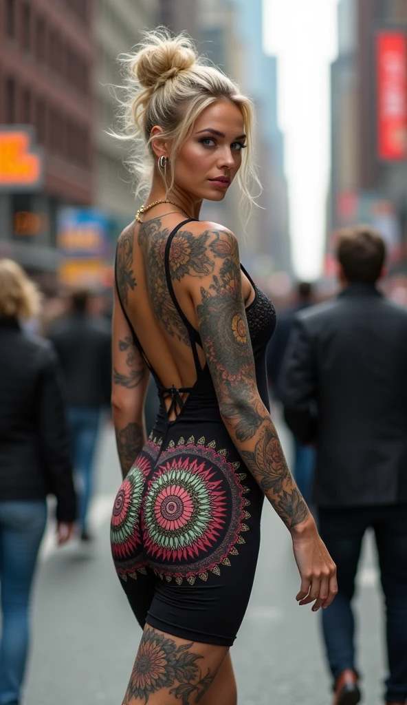 korean idol,busty,curvy,thicc,wide hips,thick hips,big thighs,big boobs,street background,high heels, short hair, seductive,1women, solo, tattooed body