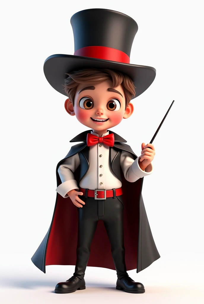 (boy with asymmetrical face, eyes and brown hair), he is dressed as a magician with: black pants, red bow tie, black cape, white shirt with a red band on his stomach, black magician's top hat on his head with a red band (smiling and with a magic wand in hand), developer, facing us, 3d rendering, pixar style, (detailed digital art), stylized 3d rendering, c4d, (full height), high quality, composition, masterpiece, art station, background plain solid white