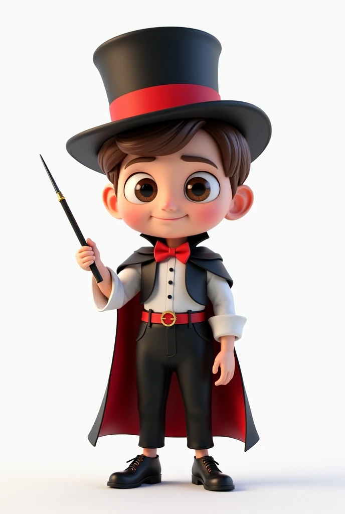 (boy with asymmetrical face, eyes and brown hair), he is dressed as a magician with: black pants, red bow tie, black cape, white shirt with a red band on his stomach, black magician's top hat on his head with a red band (smiling and with a magic wand in hand), developer, facing us, 3d rendering, pixar style, (detailed digital art), stylized 3d rendering, c4d, (full height), high quality, composition, masterpiece, art station, background plain solid white
