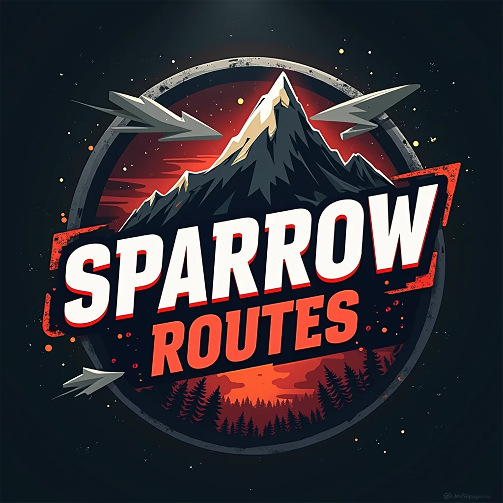 a circular logo , with white border, dark background, with the text in Spanish "SPARROW ROUTES" a estilo gammer , mountain and roblox