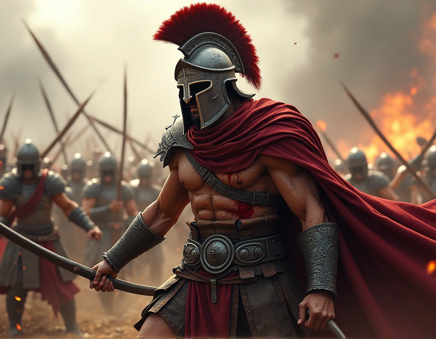 A realistic wounded Spartan warrior in a battle background.
below the sentence: Not ugly with a red color 