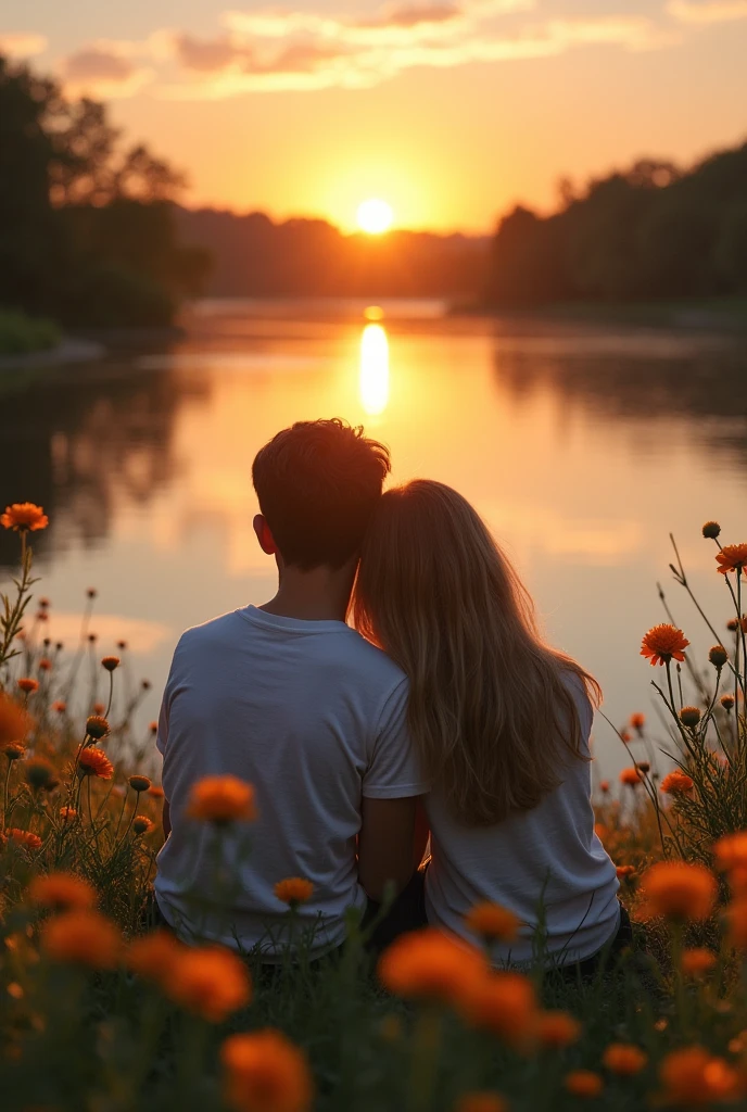 A boy and a girl sitting in front of a lake, he has his head resting on the shoulder of , romantic scene, surrounded by flowers, gram, and the sunrise reflecting on the lagoon.