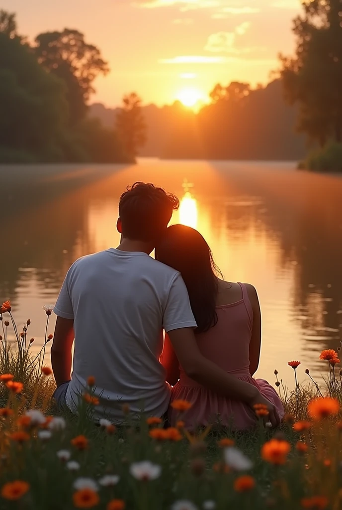 A boy and a girl sitting in front of a lake, he has his head resting on the shoulder of , romantic scene, surrounded by flowers, gram, and the sunrise reflecting on the lagoon.