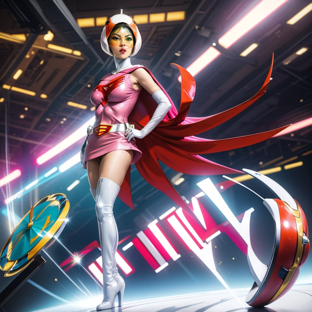 ANI_CLASSIC_jun_gatchaman_ownwaifu,1girl, ,good anatomy, masterpiece, best quality,realistic, hyperrealistic, 16k hdr,breasts,green eyes,lips,large breasts,lipstick,makeup,gloves,cape,helmet,belt,elbow gloves,white gloves,mask,ultra miniskirt,leotard,spacesuit,white tight overknee highheels boots,pink dress,superhero,bodysuit,cleavage,erected nipples,((stand pose,hands on hip,view from below)),cameltoe