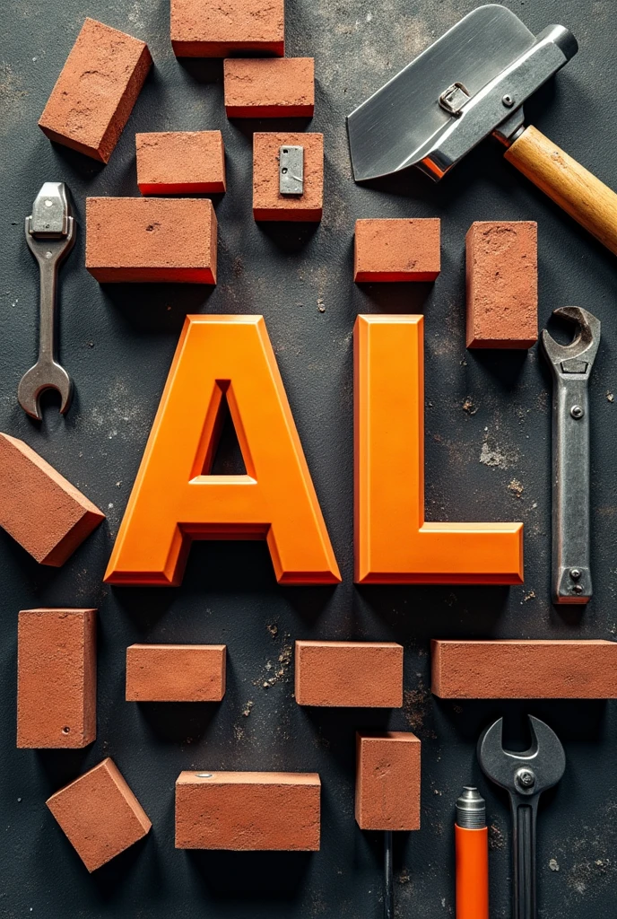 Create a logo for a brand with the letters AL in capital letters containing bricklayer and electrician tools and construction bricks in the image