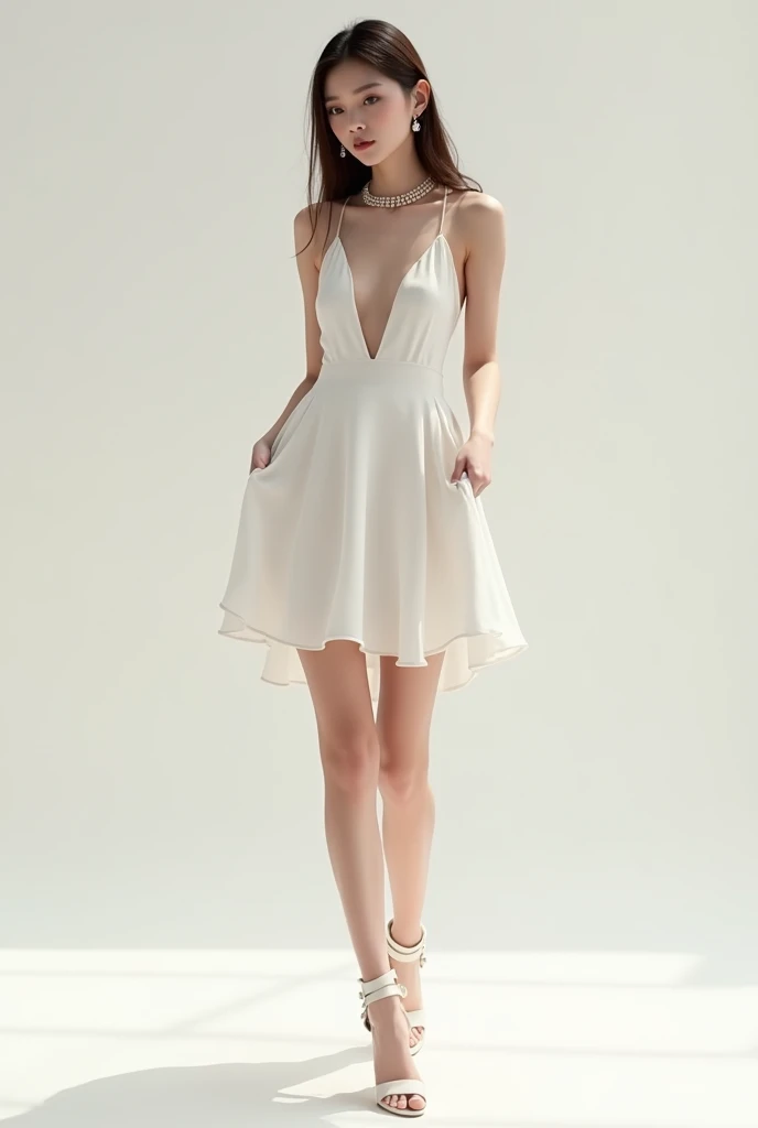 *A woman was wearing very short white dress with white chunky medium heels, a pearl necklace and earings*