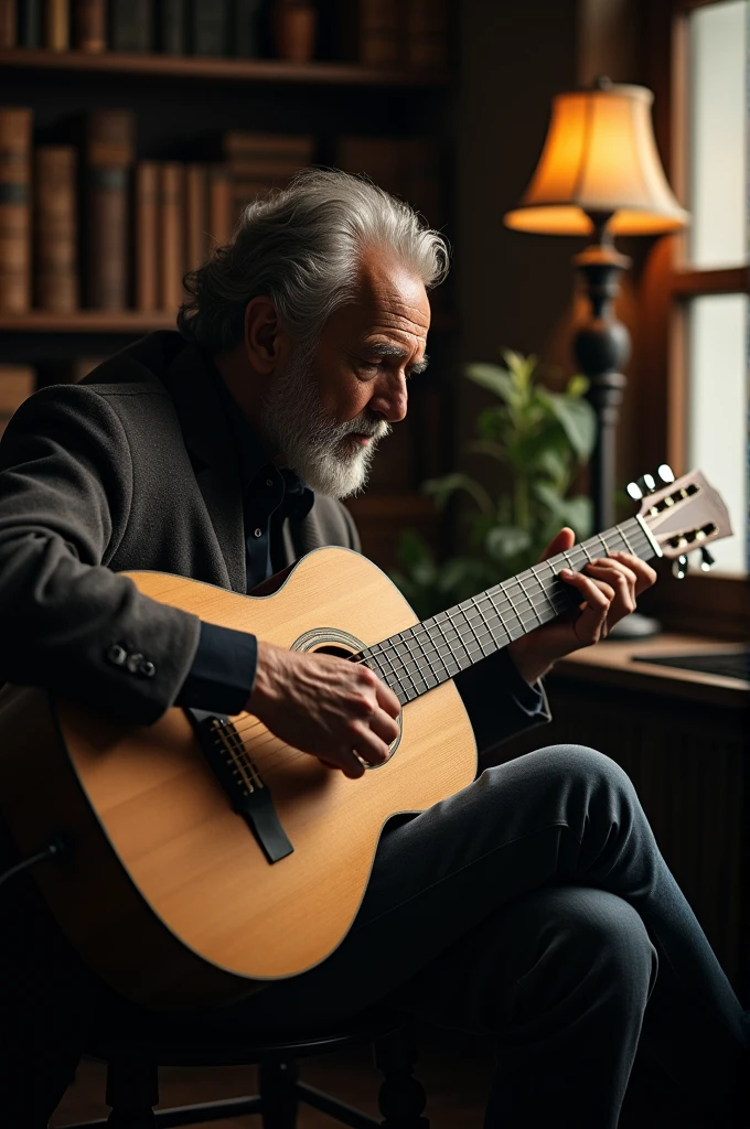 A man sitting with a guitar