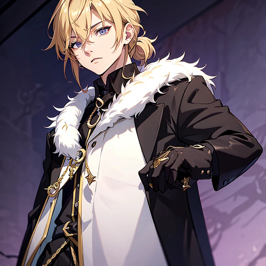 Anime attractive man, 20 year old, blonde hair, very very short ponytail, tall, muscular, solo, one person, dark purple, gold-accented, high-collared dress shirt with a chest window in the shape of a spade and black choker, over it a dark blazer with gold lining and buttons unbuttoned on his chest area, along with a long dark overcoat with a fur trim which has roulette wheel detailing on the back and sleeve cuffs rolled up near to his elbows.
