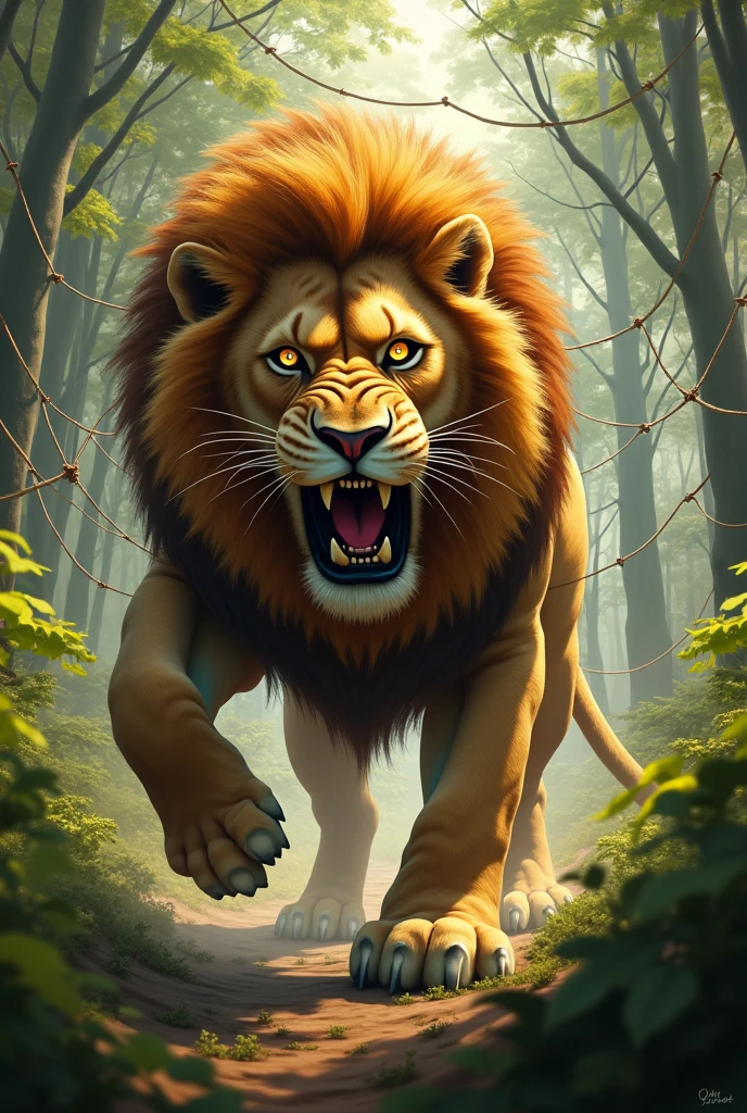 Lion caught in a trap net animated image 