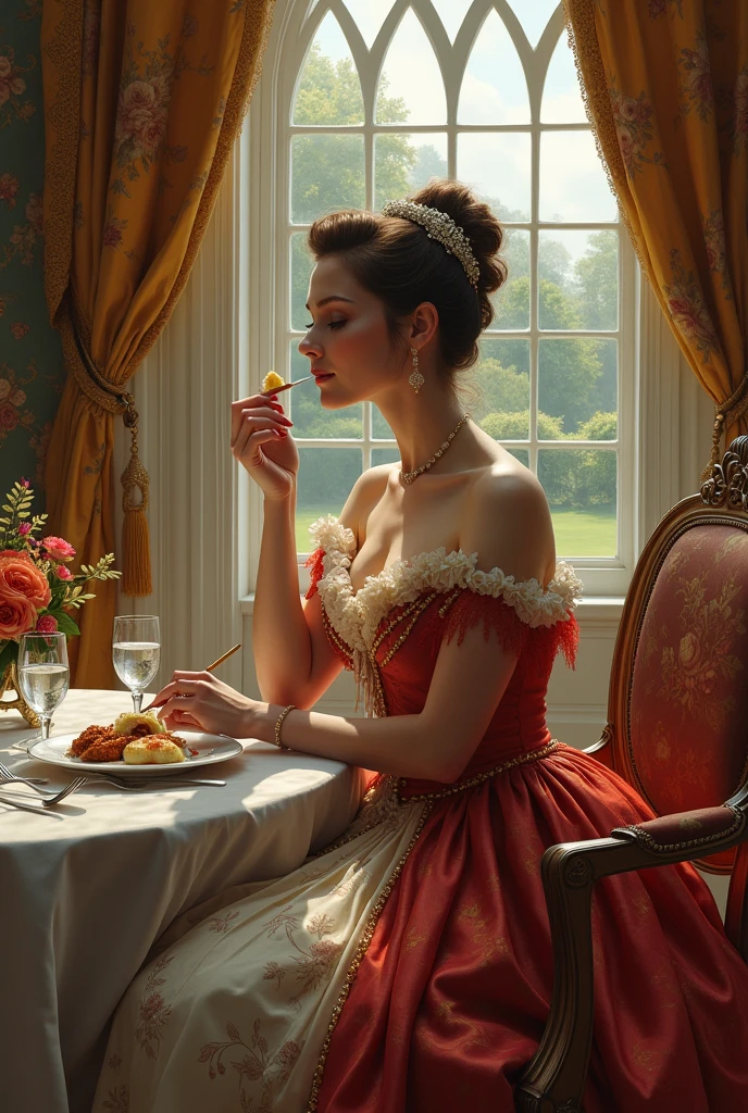 Image of royalty eating something, a lady