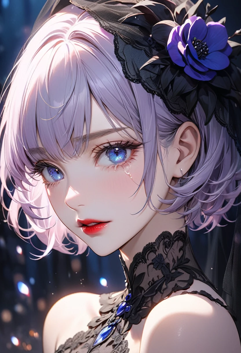 ((best quality)), ((Masterpiece)), (details), Young woman,( light purple hair, blue eyes, ((short hair)) , beautiful face, Beautiful skin, Long eyelashes, Thick eyelashes), vibrant colors, soft lighting, delicate details, dreamy aura, black wedding dress, black Veil, black flower,tears, red lips, night, vampire