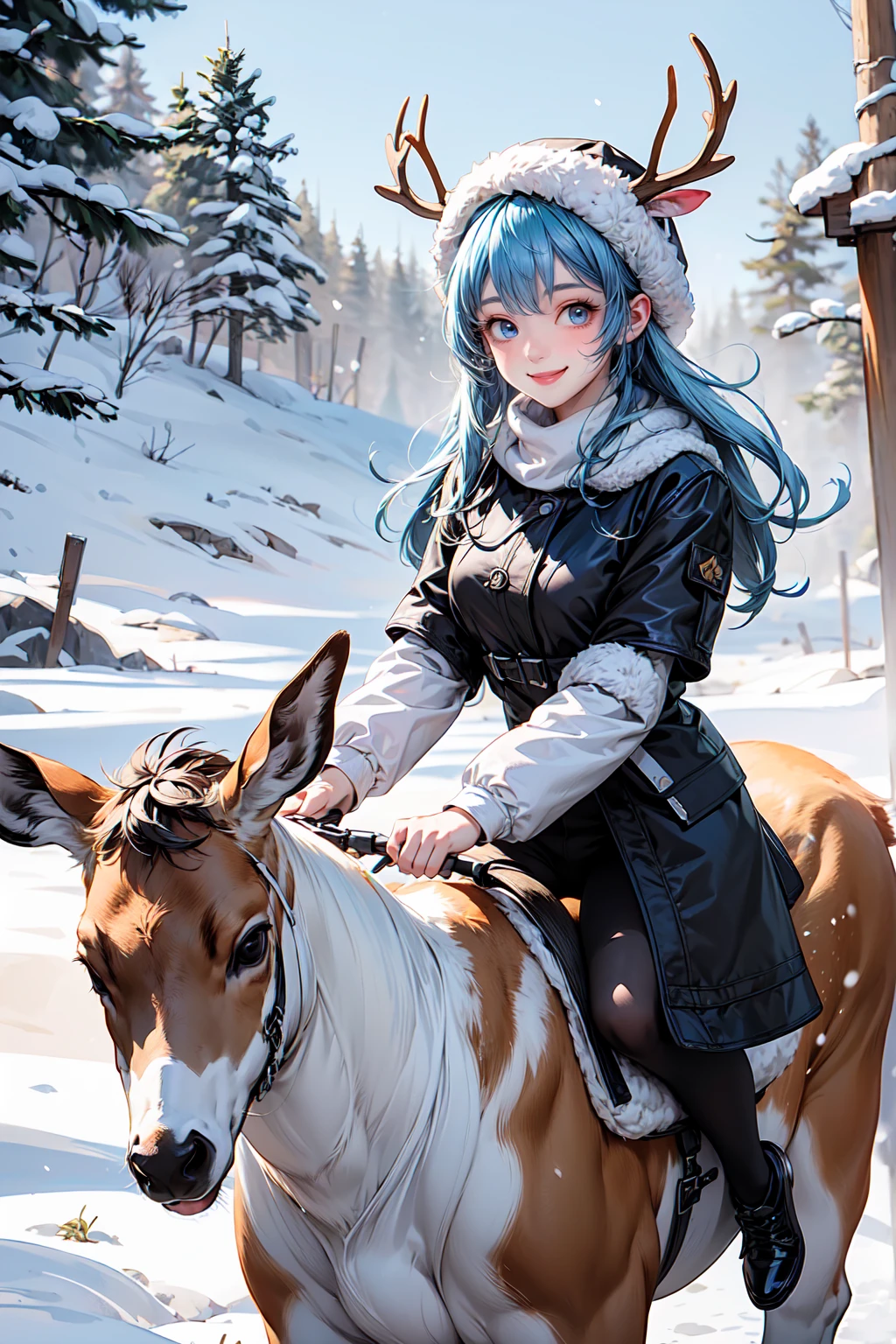 (masterpiece, best quality:1.3), 8K, illustration, super detailed, highly detailed, (1woman, solo), light blue hair, long hair, winter hat, (riding animal, deer, brown deer), ((snow fall)), winter season, scenery snow mountain background, vivid color, soft shadow, absurdres