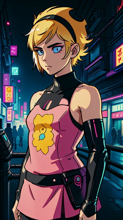 (1girl, solo, mandy), (extremely detailed CG unit 8k wallpaper),(master part), (best quality), (ultra detail), (best illustration),(ghibli style), cowboy shot, (Sharp eyeliner, ombre, detailed eyes:1), dark, midnight, neon light cyberpunk city, outdoors background, ,break,  (C7b3rp0nkStyle), full body, blonde hair, pink dress, short hair, black eyes, black headband, sharp hair, 