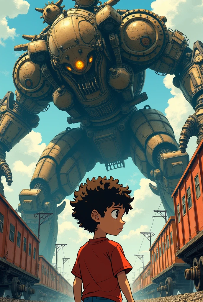 manga style poster with in the foreground a young boy with curly brown hair and yellow eyes And in the background a huge monster made of train parts