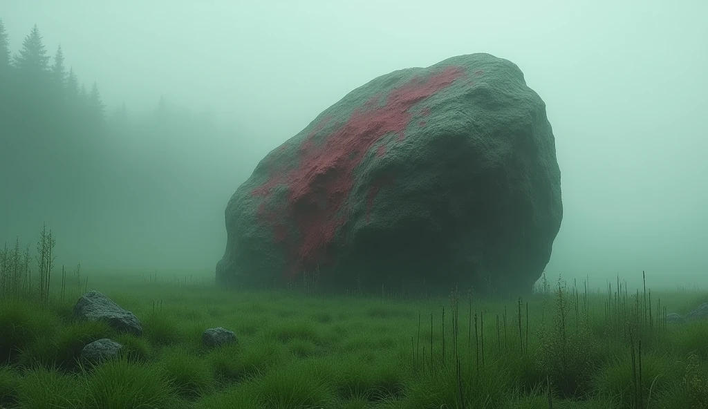 a green meadow bathed in mist, a huge boulder in the centre completely covered in blood