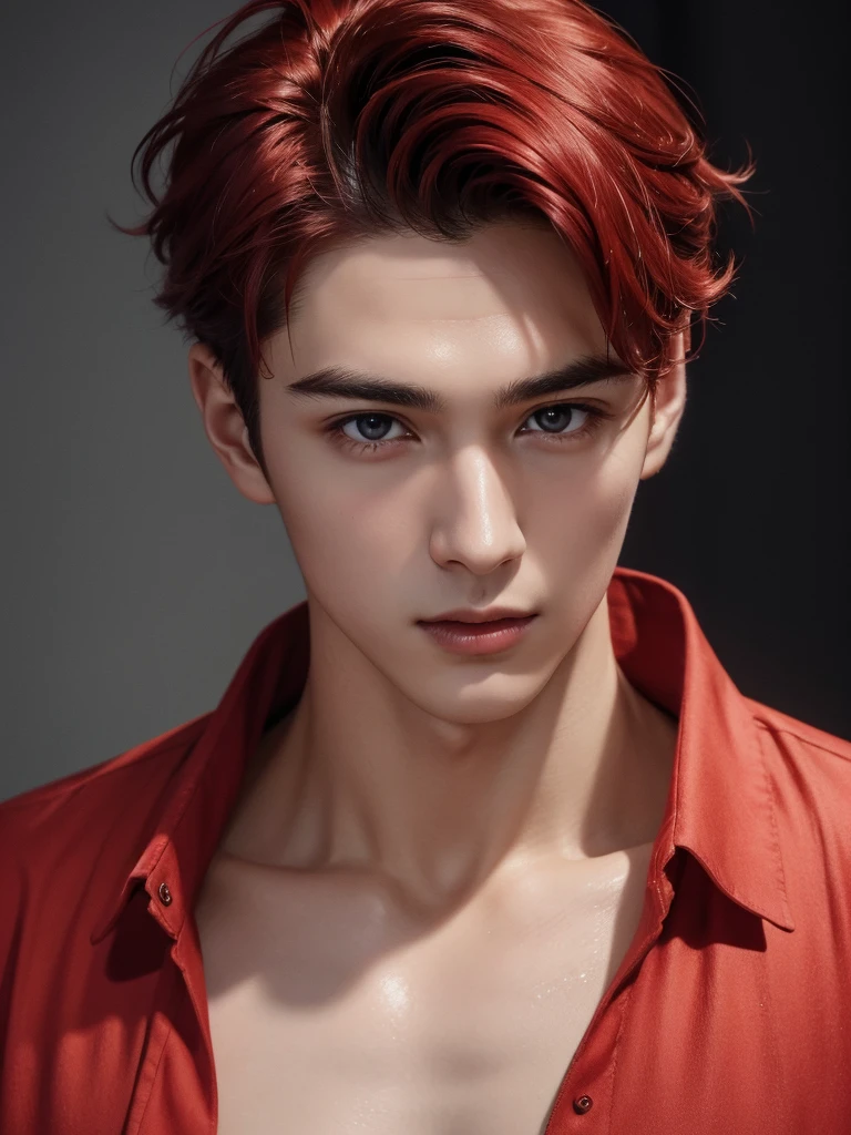 (absurdres, highres, ultra detailed, Ultra HD), a cute young man, in his 20s, (wearing a red colour silk open shirt), red hair, short hairstyle, detailed face, perfect facial features, smooth skin, fair skin, white skin, pale skin, beautiful, gorgeous, wet, mature, perfect eyes, sexy gaze, looking at the viewers romantically, portrait,