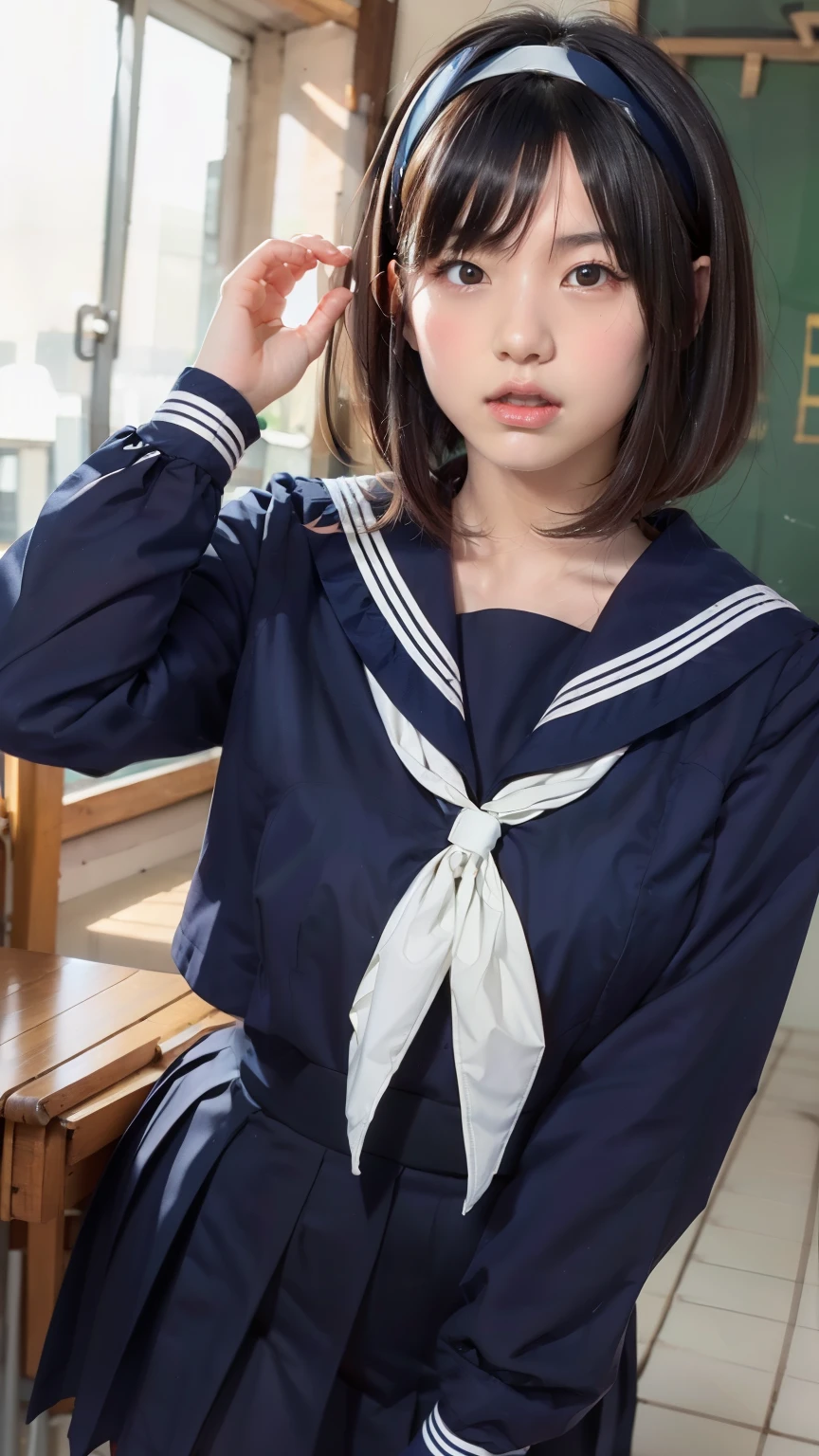 sailor suit, 8k, highest quality, masterpiece, Super detailed, ultra high resolution, realistic, RAW photo, absolute resolution, face is small compared to body, very small face, black hair, navy blue sailor uniform, Dark blue skirt, 3D rendering, realistic young school girl, (white headband:1.4), small breasts, expensive, slanted eyes, (school scenery), black stockings, open your mouth, bob cut,