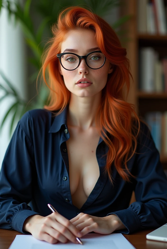 A red-haired female influencer with green eyes, an innocent look and full lips. freckles on her cheeks. medium breasts. Very sexy butt. A mole on the right breast. rounded buttocks. wears glasses. Sexy. attractive. Full body wide shot from head to toe. in 8k. very detailed, masterpiece, best quality, extremely detailed, hyperrealistic, photorealistic, a beautiful 20s french model, innocent look, at office:1.2, cleavage, down blouse, navy long sleeve shirt:1.2, working at desk, raging:1.1, ultra detailed face, pale skin, glasses