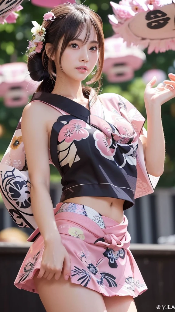 masterpiece, Highest quality,Very detailed,High resolution,(Realistic,photoRealistic:1.37),Excellent anatomy,One beautiful woman,1,Sexy Idol,(((Focus on the thighs:1.5))),(((no panties:1.6))),A small smile,(((Sexy and cute:1.5))),(((Ultra-mini skirt pink floral yukata:1.6))),((Very delicate and beautiful)),((Lively summer festival background:1.3)),Brown Hair,Long Hair,bangs, Floating Hair NovaFrog Style,Very beautiful face,Cute type,Baby Face,Big Natural Color Lip,Big and pretty eyes,Brown eyes,Obvious double,Small and cute nose,Brown eyes,Shiny highlight spots around the eyes,Character Focus,Tilt your head,The best light,Best Shadow,Mysterious perfect face,Very detailed,Soft Skin,(Glowing Skin, Sweaty:1.3)&#39;Beautiful feet, Voluptuous thighs,Plump body,Huge breasts,(Expressing the roundness and softness of the chest),Beautiful body,(The perfect woman)