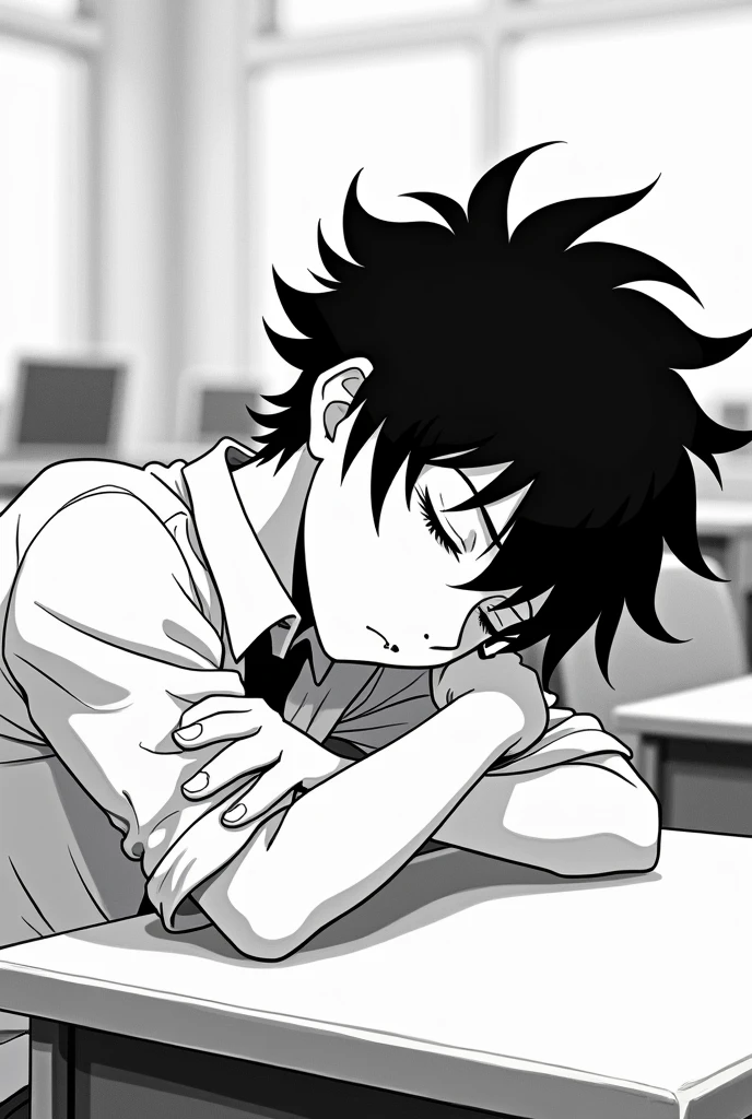 Black and white 2d anime drawing of teenage student man with black hair standing on end sleeping in classroom