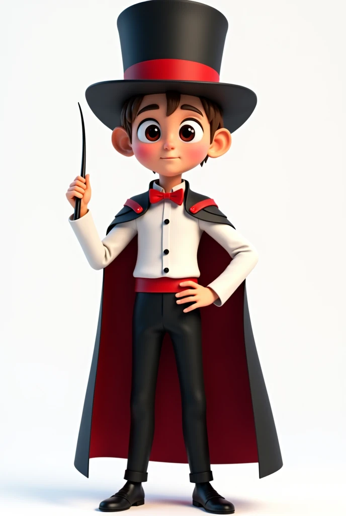 (boy with asymmetrical face, eyes and brown hair), he is dressed as a magician with: black pants, red bow tie, black cape, white shirt with a red band on his stomach, black magician's top hat on his head with a red band (smiling and with a magic wand in hand), developer, facing us, 3d rendering, pixar style, (detailed digital art), stylized 3d rendering, c4d, (full height), high quality, composition, masterpiece, art station, background plain solid white