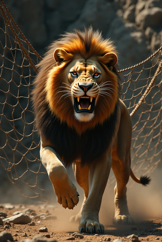 Lion caught in a net animated image