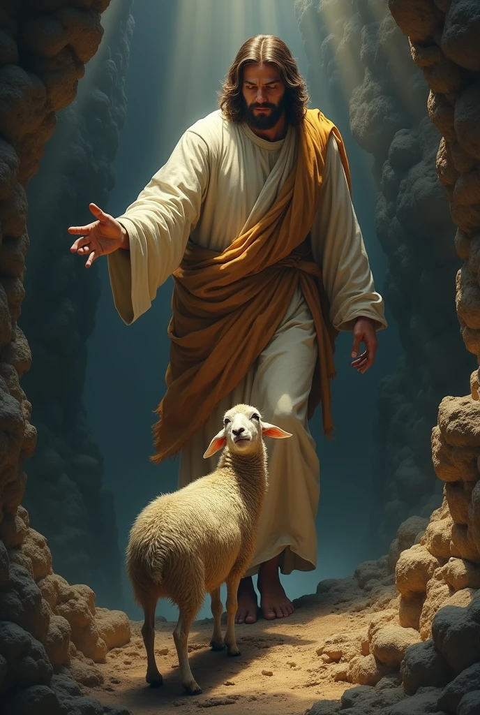 Jesus rescuing a sad sheep from the abyss