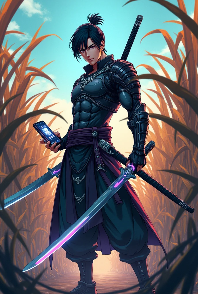 Anime warrior man with swords and a phone in his hand and corn