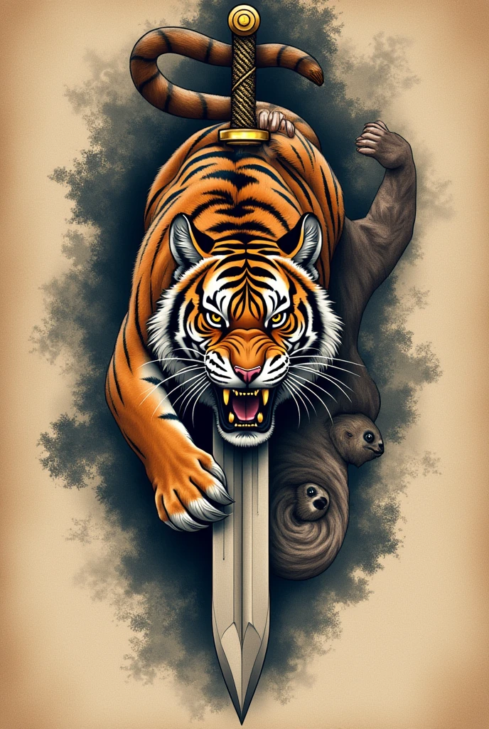 Tattoo of a tiger inside a saber with a giant sloth