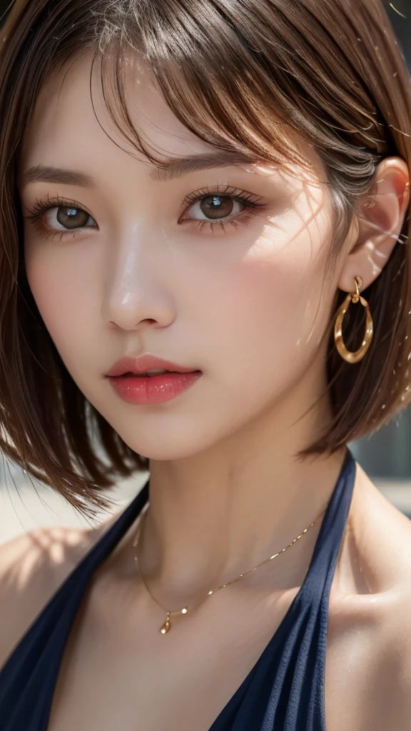 (Photorealistic, 32k, RAW photo, best quality:1.4), (masterpiece:1.3), (ultra high resolution, ultra realistic, highly detailed, golden ratio, ultra detailed), 1 beautiful woman, natural makeup, intricate cloth texture, finely detailed hair texture, beautiful full-body, perfect female form, anatomically accurate, highly detailed face and skin, (elegant hands), (realistic skin), (beautiful pale skin:1.1), (extreme close-up:2.0), (Oversized Breasts), (Wearing Blue Halter-top:1.5), (Earrings, Pendant),
BREAK,
realistic eyes, captivating detailed eyes, symmetric eyes, light brown eyes, double eyelids, thin eyebrows, (glossy lips:1.4), (kissable expression, blush:1.3),
BREAK,
((short bob cut, dark brown hair, bangs:1.2)), (Moonlit night, terrace:1.3)