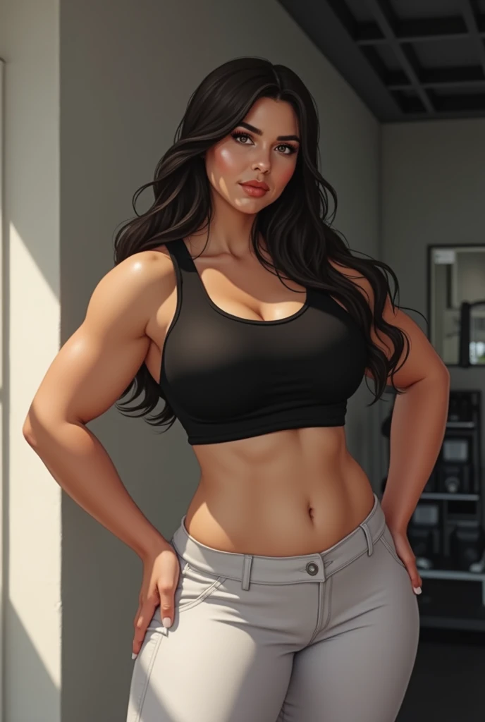 big breasts, black hair, Hefty body, sportswear, In the background you should see a gym