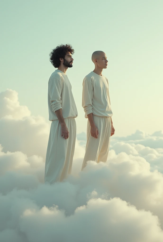 A 2D picture of 2 white man standing on a cloud one white shoulder length black type 2 curly hair and the other one  with a bald 
