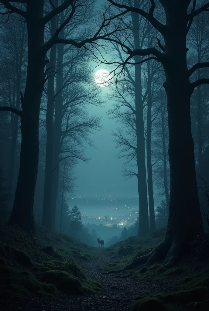 Generate a forest during the night with a city beyond
