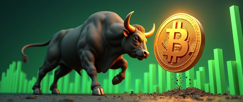 Create an image featuring a powerful bull charging at a Bitcoin ($BTC) icon. The moment of impact should show the bull propelling Bitcoin upward, with the Bitcoin icon rising dramatically as a result of the attack. The background should include upward-pointing green candlesticks, symbolizing the bullish momentum and the strong upward market movement. The overall image should convey energy, force, and a decisive market push