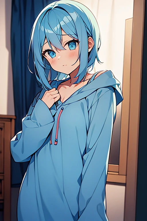 Girl with light blue hair, wearing a pijama 