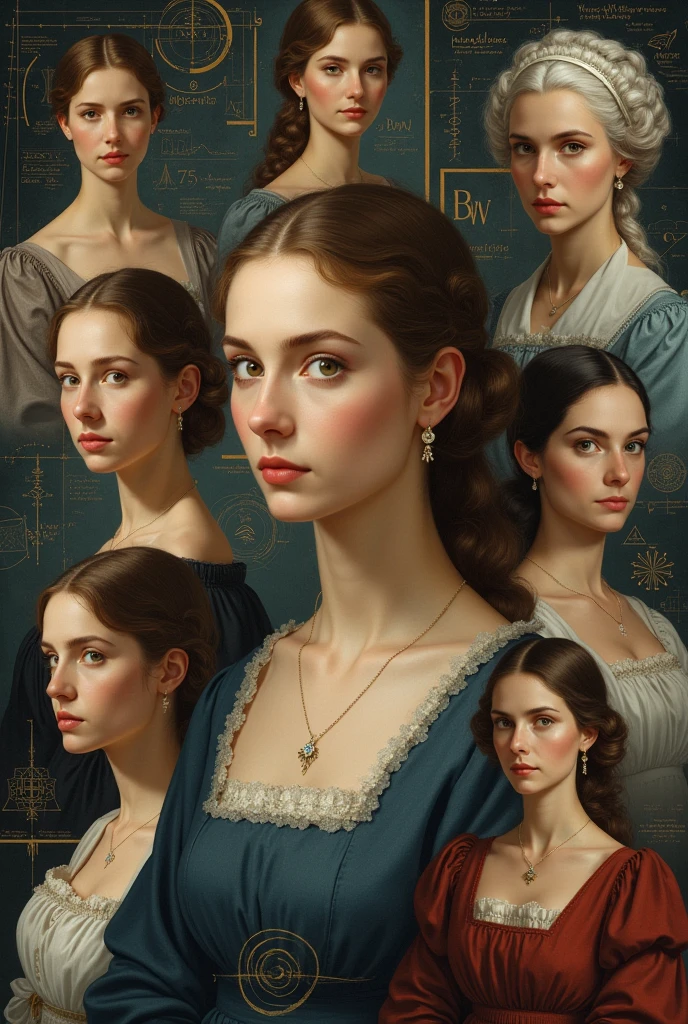 Generate an attractive image about: Feminine Faces: the women who shaped the history of Mathematics. 